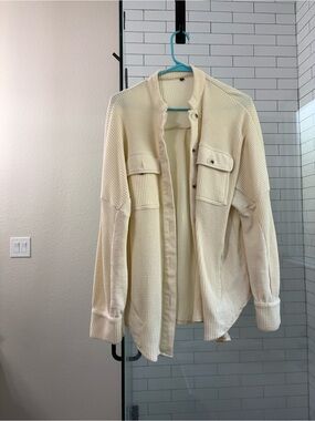 Textured Waffle Knit Button-Up Shirt Jacket in Cream